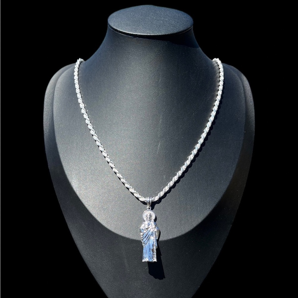925 Sterling Silver Rope Chain 22” w St Jude Pendant / San Judas Dije Con Cadena - Picture 1 of 7